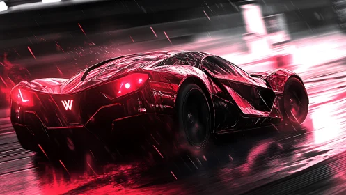 Aerodynamic crimson hypercar under dynamic rain motion blur.