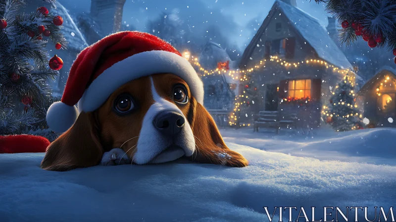 Photorealistic beagle in Santa hat amid snowy Noël tableau.