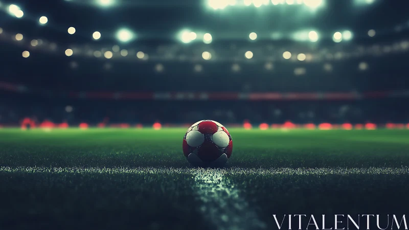 Low-angle stadium shot isolates red match ball on damp white line