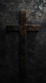 Weathered metal cross rests on dark textured stone ground