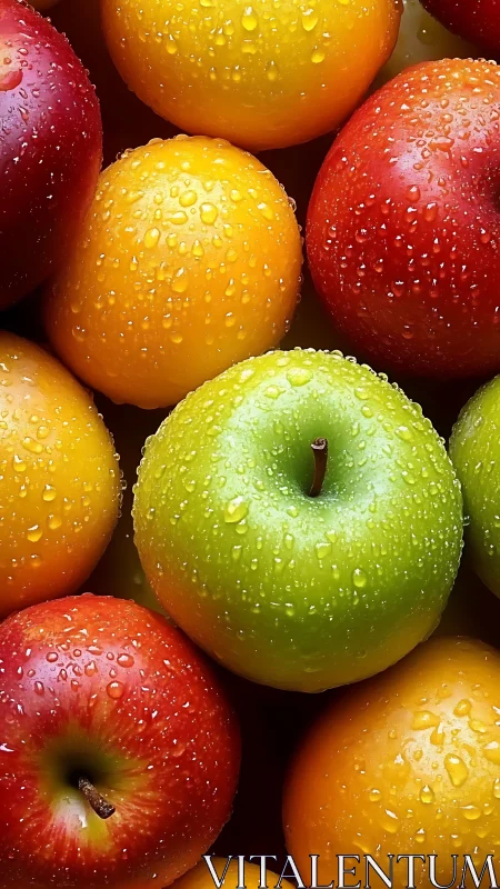 Macro optical study of dew covered multicolor apples cluster.