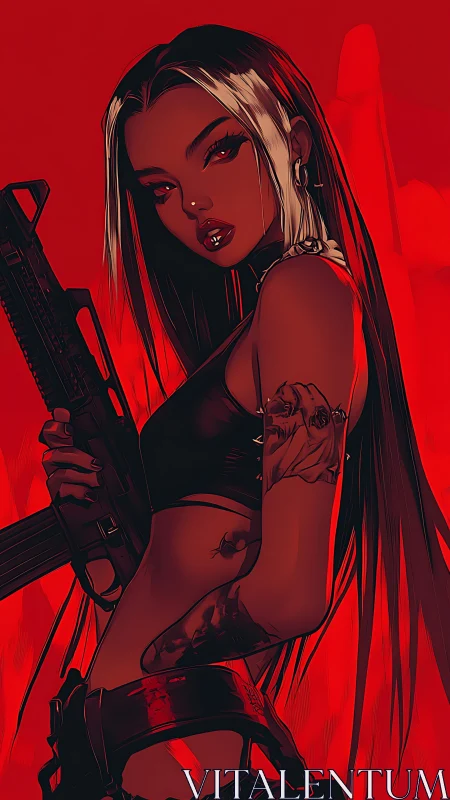 Weapon-carrying female character in red-toned digital art.