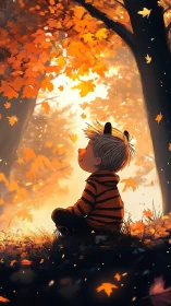 Child in striped hoodie watches glowing autumn leaves fall