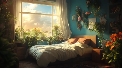 Sunlit bedroom sanctuary welcomes morning light and greenery