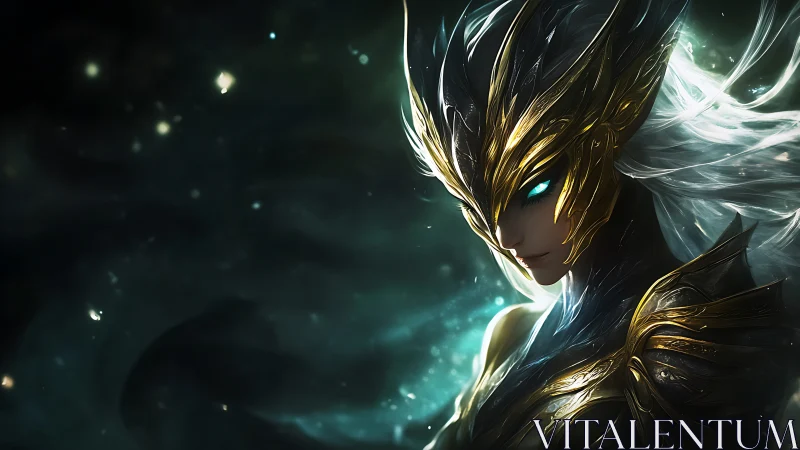 Armored figure with luminous eyes stands in cosmic void