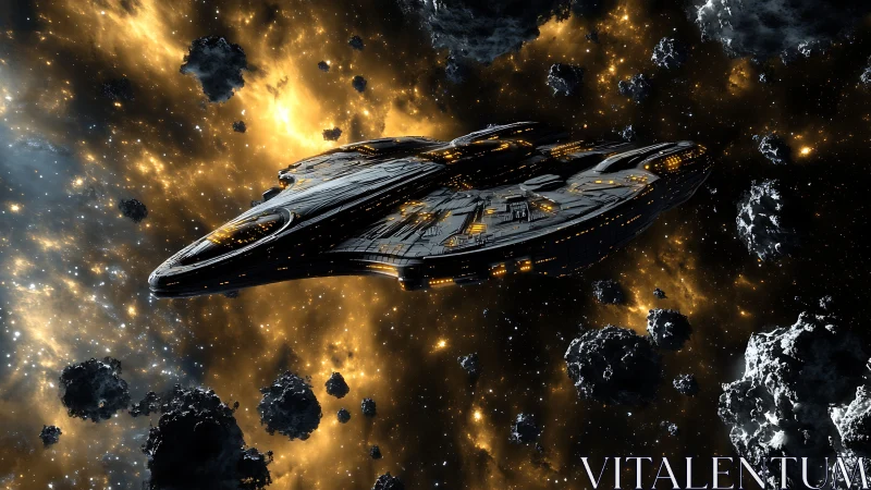 Massive starship glides through dense asteroid field in space