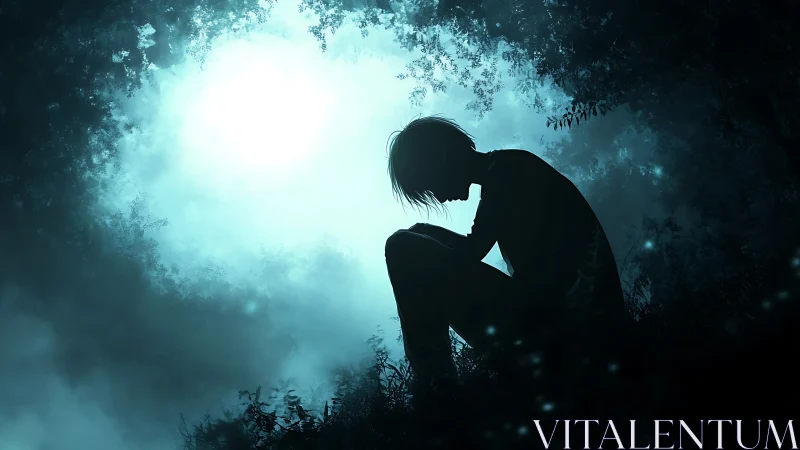 Backlit forest silhouette shows solitary figure in bowed posture