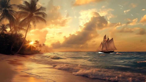 Golden sunset welcomes a calm sailing ship along palm shores