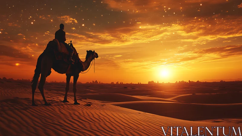 Lone rider on camel watches a glowing desert sunset sky