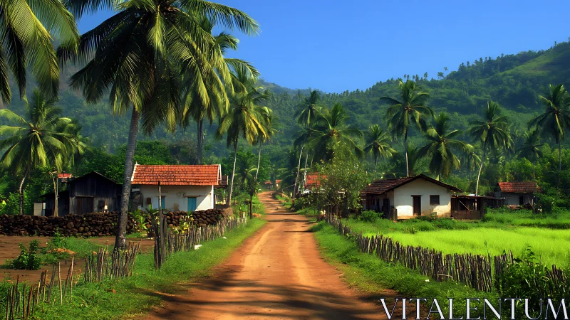 Rural Tropical Valley Settlement with Verdant Palms and Rust-Toned Earth Road.