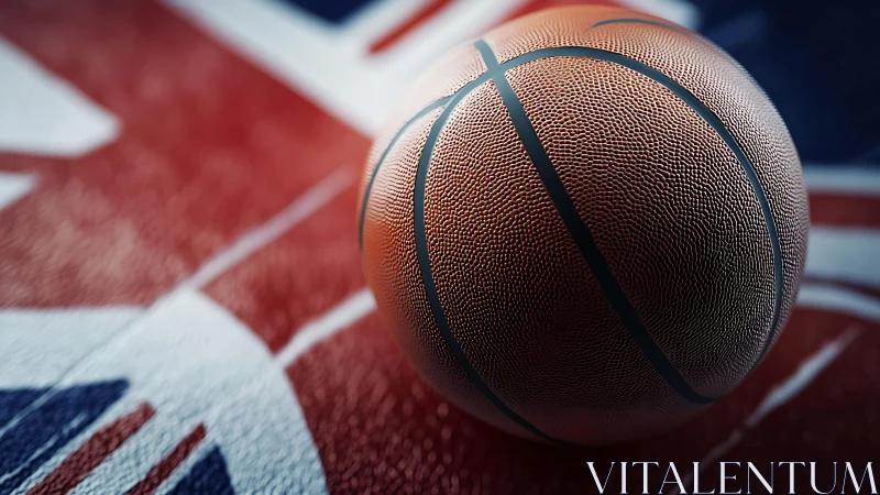 Basketball rests on stylized court with bold national colors
