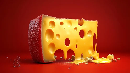 Lava-cheese monolith melts in vivid crimson studio glow.