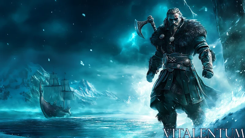 Viking warrior with axe in icy seascape near longship.