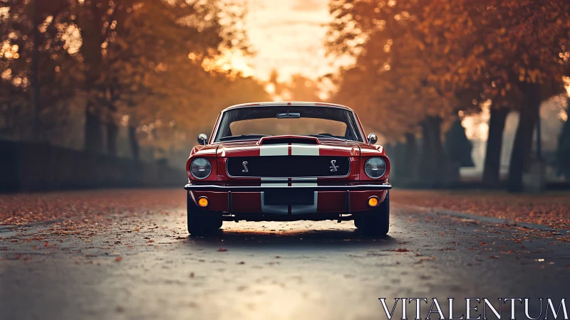 Front orthographic study of red Shelby coupe on autumn road.