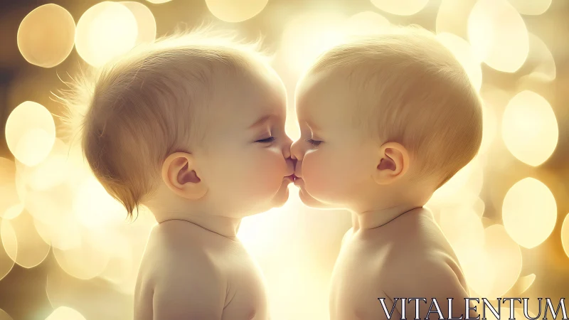 Two toddlers face each other in profile against golden bokeh background