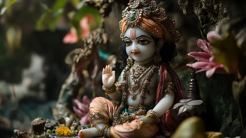 Graceful child deity statue glows in ornate sacred setting