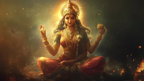 Divine goddess in radiant firelit aura, seated in poise.