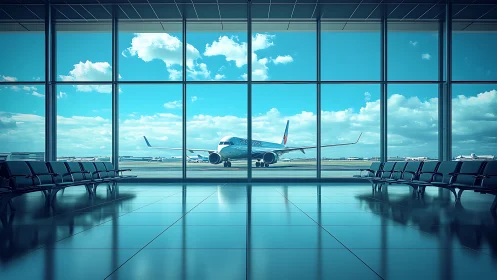 Empty airport gate with jet on sunny blue sky runway.