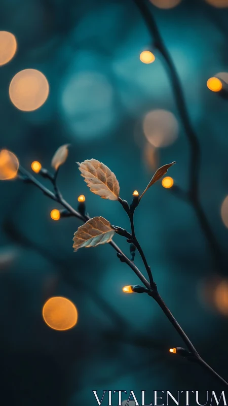 Soft golden lights surround a quiet branch at twilight