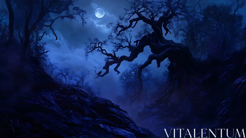 Twisted trees rise over a moonlit, fog-filled forest ravine