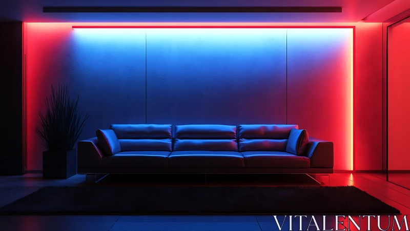 Bicolor LED wash on leather sofa in minimalistic lounge setpiece.