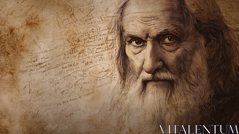 Weathered sage gazes out from rich sepia sketch portrait