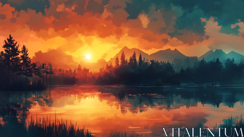 High saturation alpine lake sunset with silhouetted conifers