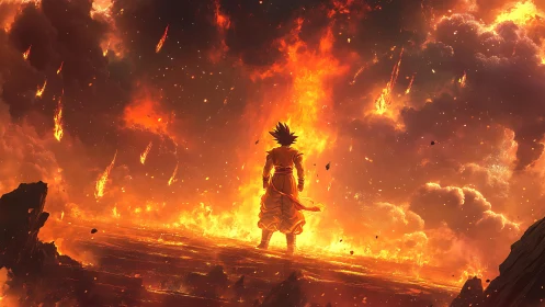 Fiery hero stands calm in a blazing sky of falling embers