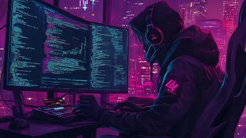 Midnight coder in neon city glow, quietly breaking limits.