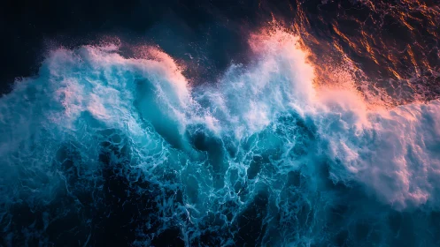 Aerial turbulent surf under bicolor crepuscular illumination.