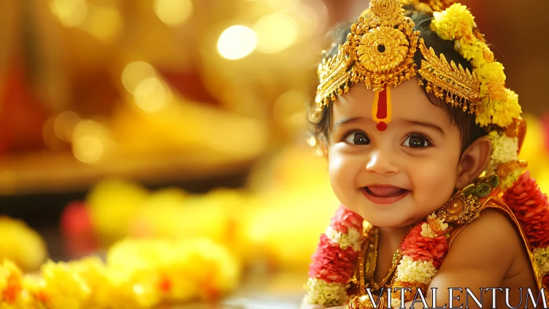 Golden garlanded baby deity smiling in festive temple glow.