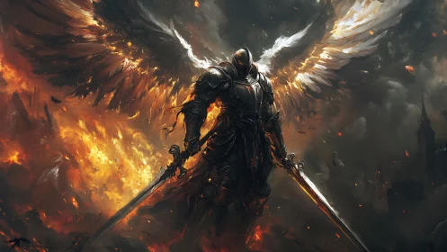 Armored angelic warrior stands amid blazing apocalyptic skies