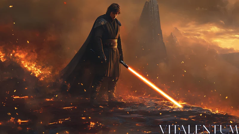 Dark warrior ignites molten battlefield with blazing blade.