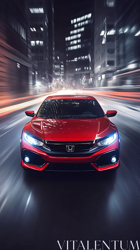 Photorealistic red sports sedan in dynamic urban frontal view.