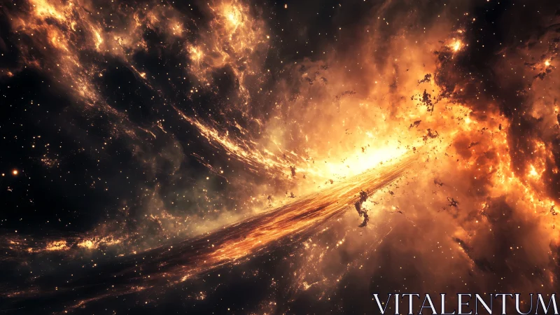 Fiery cosmic nebula with bright stellar energy stream.