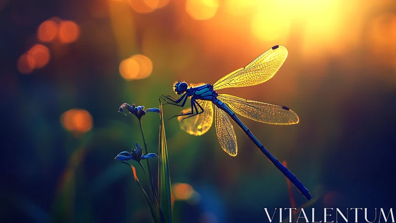 Dragonfly perched on grass in vivid sunset backlight.