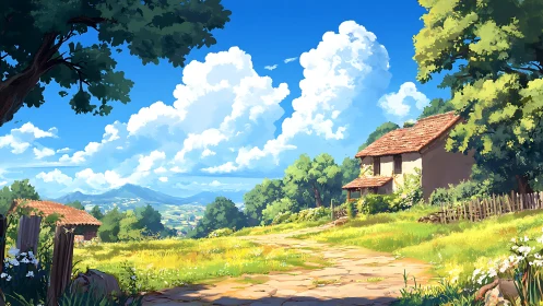 Sunlit rural cottage under towering cumulus in stylized landscape