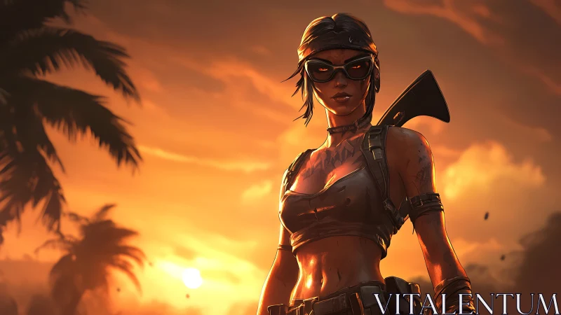 Sunlit jungle raider in tactical gear under molten sky.