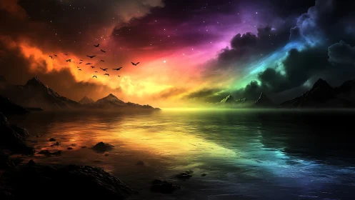 Spectral aurora over mountainous coastline with mirrorlike sea.