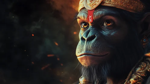Regal warrior ape crowned in molten gold and embers.