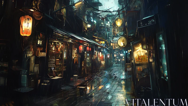 Rain-soaked urban alleyway with illuminated shopfronts.