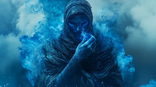 Spectral blue wraith emerging from swirling smoke veil.