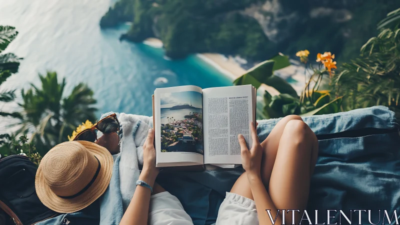 Overhead view of coastal reader framed by foliage and shallow DOF