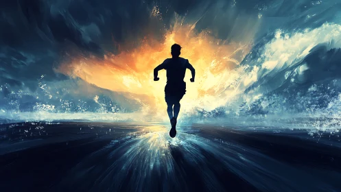 Silhouette runner cutting through fiery horizon and cool storm.
