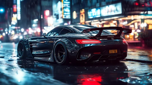 Midnight city streets mirrored in a sleek black supercar.