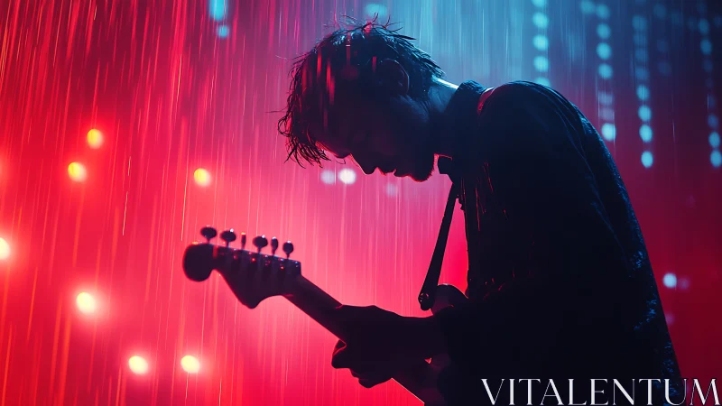 Guitarist lost in neon rainlight, cradled by stage glow.