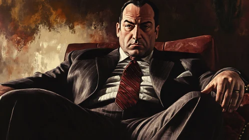 Powerful suited man seated in leather chair under warm light