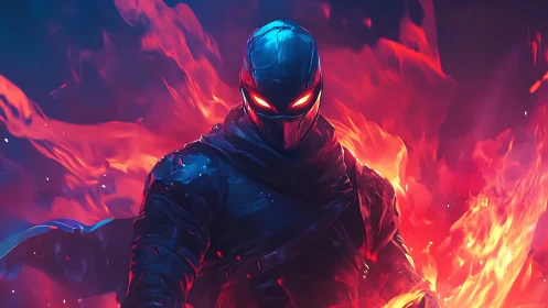 Fiery masked warrior strides forward through swirling flames