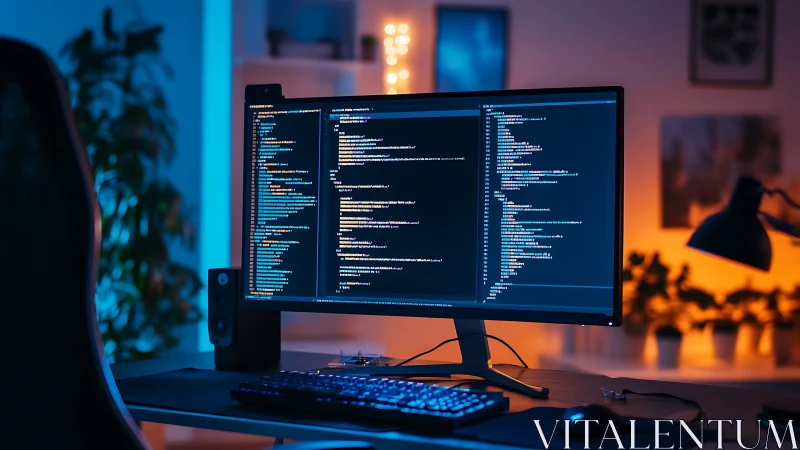 Dual-monitor coding workstation glows in bicolor ambient light