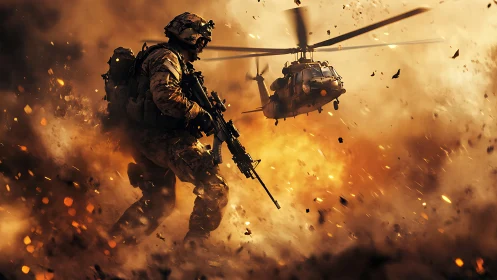 Armed soldier and helicopter amid explosion and debris.